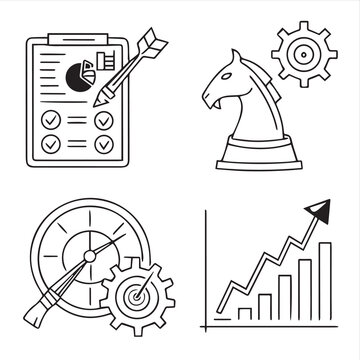A professional set of vector icons and silhouette illustrations for sewing and web design featuring business technology symbols and a creative sketch sign