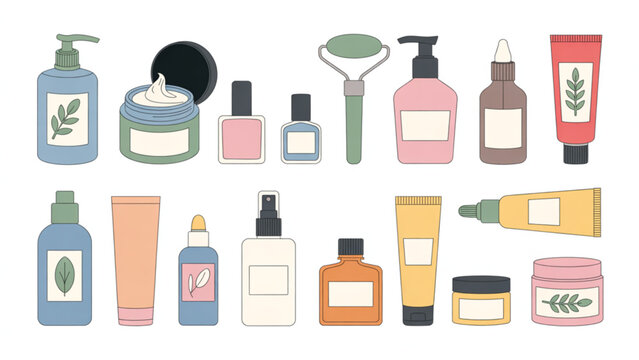 A collection of various skincare bottles jars and beauty tools arranged in a flat vector style set Vector