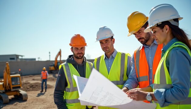 Construction team examines blueprints on site. Men and woman in hard hats, safety vests discuss building plans. Heavy machinery visible in background. Professionals coordinate project.