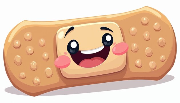 Cute smiling bandage illustration for children. This cartoon first aid symbol offers comfort and healing. It represents care, protection, and recovery from injuries with a positive vibe.