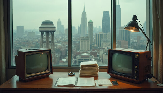 Vintage desk with two old TVs and stack of papers faces window overlooking city skyline on rainy day. Desk lamp illuminates workspace, retro tech contrasts modern urban view.