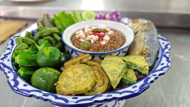 Delicious Thai spicy shrimp paste dip with crispy fried mackerel and vegetable side dishes on a traditional blue and white plate.