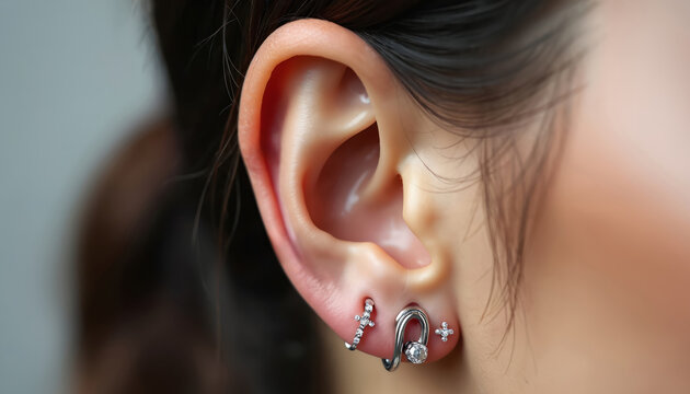 Close-up of a woman ear featuring multiple modern piercings with shiny jewel earrings. Ear adorned with helix and lobe jewelry showcasing personal style and contemporary beauty trends.
