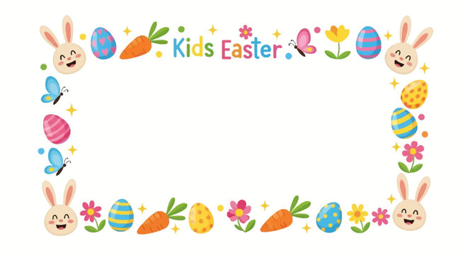 Colorful Easter frame border with bunny, eggs, and floral elements for greeting card, invitation, or social media post