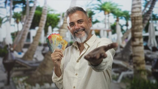 Man holds fan of swiss franc banknotes and reaches out with open hand in building; confident generosity.