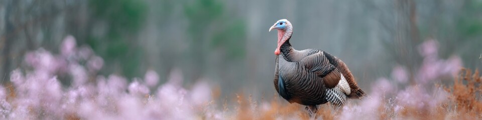 Obraz premium Turkey standing in woods among pink flowers and soft morning mist showing adult male gobbler plumage and graceful posture in serene woodland scene