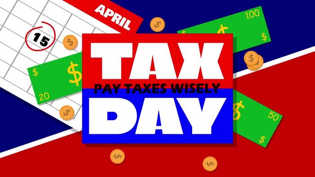 April 15th Tax Deadline Animation. Tax Day reminder with falling cash and coins graphics. Tax compliance campaign