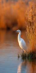 Obraz premium Little egret standing water edge among golden reeds sunset reflection wetland bird
