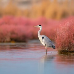Naklejka premium Grey heron marsh pink reflection autumn wetland elegance standing bird in shallow water with soft bokeh background and warm tones