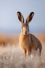 Obraz premium Brown hare standing in dry grass at sunrise with large upright ears and curious gaze, warm tones and detailed whiskers in open field