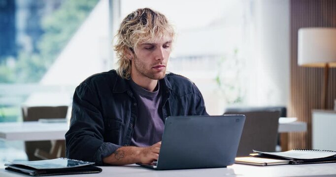 Review, typing or man in office with laptop, draft edit or proposal planning for article update. Proofreading, research or journalist with tech, source feedback or column insight for publication.