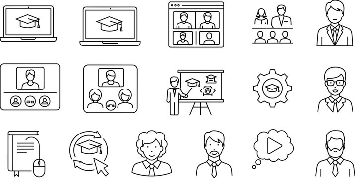 Set of Online Learning and Education Icons Including Video Classes, Virtual Classroom, Graduation, and Teaching Tools for E-Learning and Remote Education