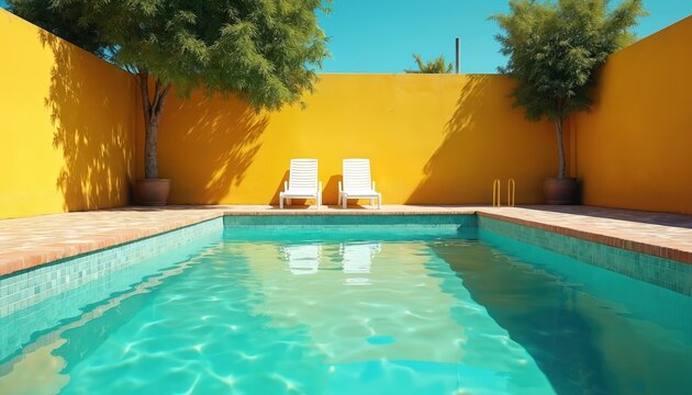 Outdoor pool area with bright yellow walls and turquoise water. Two white lounge chairs sit poolside under green trees and blue sky. Empty chairs await guests for summer relaxation and sunbathing.