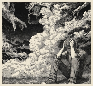 Ansia. Illustrazione in bianco e nero. Persona presa dall'ansia e dalla depressione