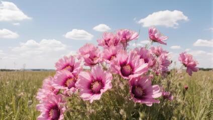 Obraz premium Pink cosmos flowers bloom against a blurred backdrop of a field under a blue sky