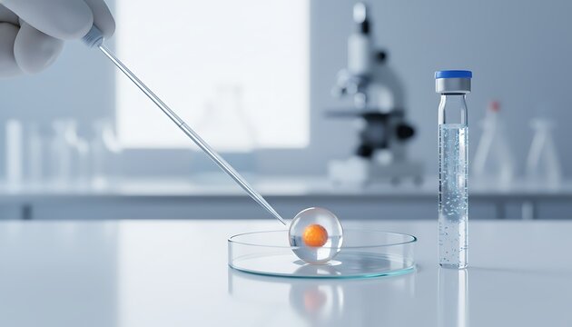 Gloved hand using pipette for donor conception in laboratory