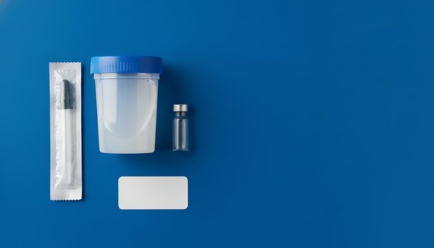 Medical specimen kit with vial and label on blue background