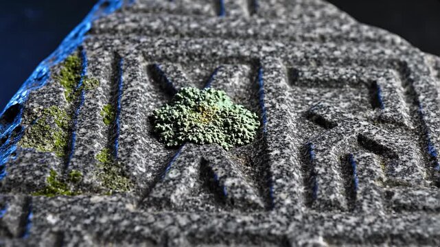 Close up of ancient carved stone with moss and lichen growth, showing weathered texture and intricate geometric patterns