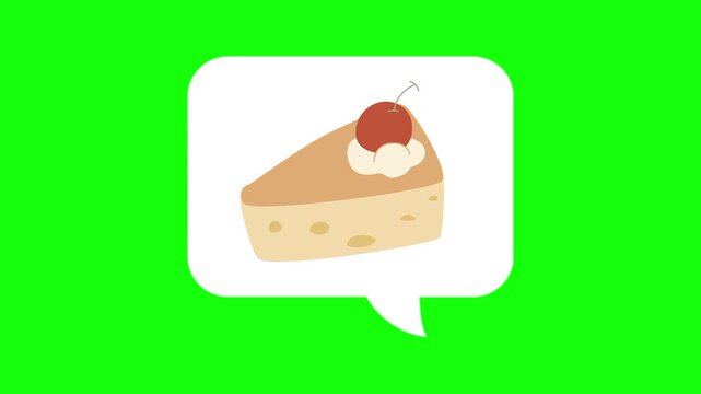 Cherry cake, a slice in white dialogue box. Animated chat, conversation vector icon. food idea, creamy, bakery thought symbol. Popup animation with green screen background template