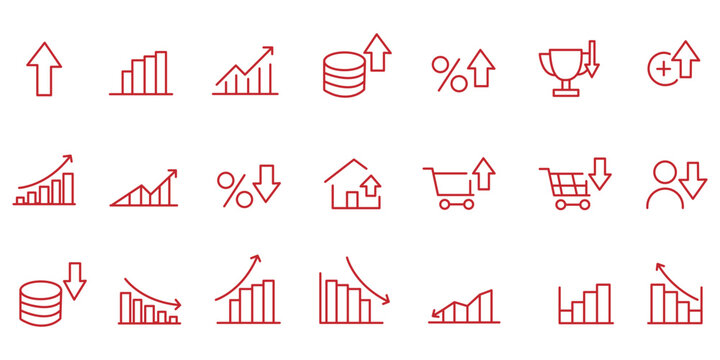 Increase and Decrease icon set. Contains Related to stock market, profit, launch, Increase, Decrease, Growth, Fall, up, down, Etc. Fully Editable. Vector 