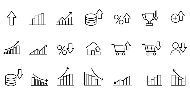Increase and Decrease icon set. Contains Related to stock market, profit, launch, Increase, Decrease, Growth, Fall, up, down, Etc. Fully Editable. Vector 
