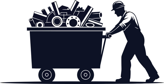 Vector silhouette of a worker pushing a cart filled with industrial tools and equipment
