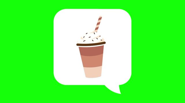Creamy coffee, a latte drink in white dialogue box. Animated chat, conversation vector icon. beverage idea, creamy, latte thought symbol. Popup animation with green screen background template