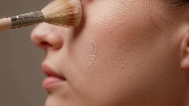 Professional makeup application on acne prone skin, woman using cosmetic brush for foundation coverage, dermatological beauty routine for skin texture