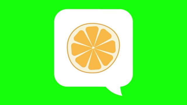 Orange half cut, fresh fruit sliced cut in white dialogue box. Animated chat, conversation vector icon. Design idea, healthy, food thought symbol. Popup animation green screen background template