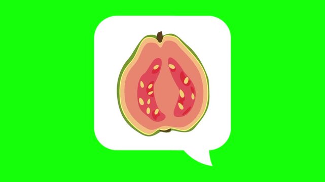 Guava half cut, fresh fruit sliced cut in white dialogue box. Animated chat, conversation vector icon. Design idea, healthy, food thought symbol. Popup animation green screen background template