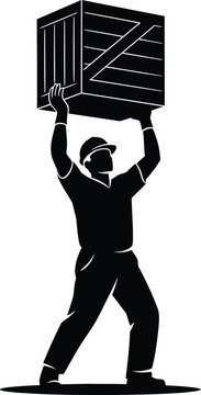 Vector silhouette of a man lifting a heavy box overhead in a graphic illustration