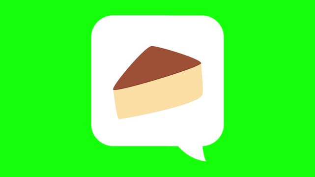 A cake, slice gourmet, dessert in white dialogue box. Animated chat, conversation vector icon. pastry idea, bakery, food thought symbol. Popup animation green screen background template