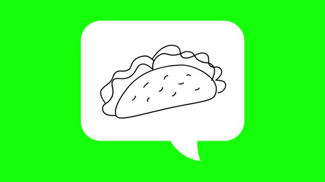 Taco drawing sketch in white dialogue box. Animated chat, conversation vector icon. Mexican cuisine idea, hand-drawn, food thought symbol. Popup animation green screen background template