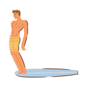 Animated cartoon surfer balancing on board performing noseride on wave in minimal style