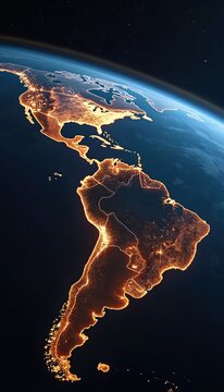 South and North America glow at night from orbit. City lights trace continent borders on dark Earth surface. Global urban expansion visible from space.