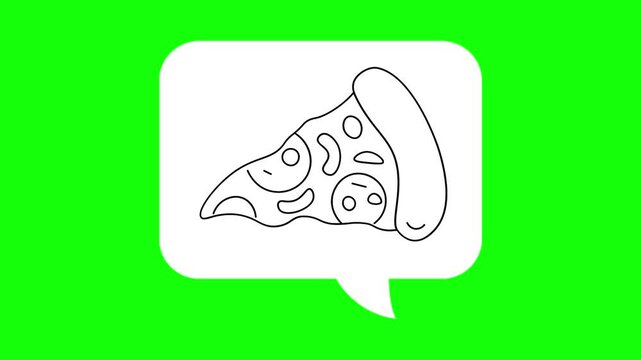 Pizza slice drawing sketch in white dialogue box. Animated chat, conversation vector icon. gourmet idea, hand-drawn, Italian food thought symbol. Popup animation green screen background template