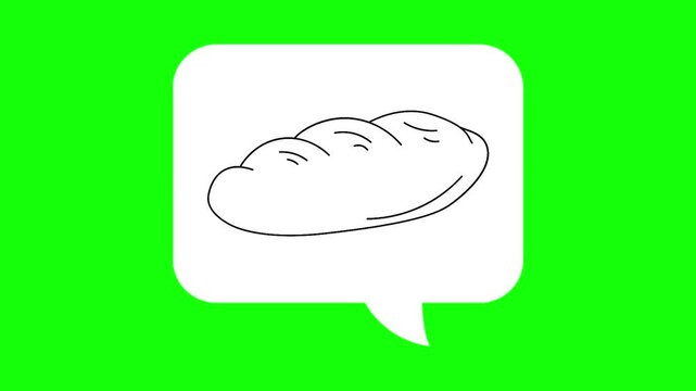 A bread drawing sketch in white dialogue box. Animated chat, conversation vector icon. bakery idea, hand-drawn, sourdough thought symbol. Popup animation green screen background template