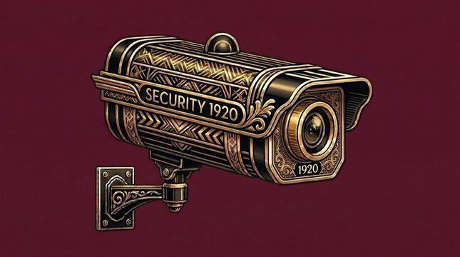 A 1920s vintage-style surveillance camera with gold filigree and geometric patterns on a solid burgundy background.