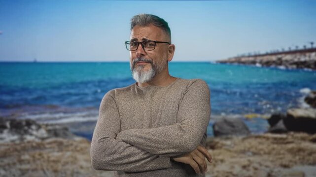 Man with glasses and salt and pepper beard, arms crossed, slight smile, standing on a rocky coastal street beside turquoise sea and stone pier; confidence.