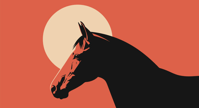 Majestic horse head silhouette against a vibrant sunset.