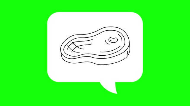 Raw meat slice drawing sketch in white dialogue box. Animated chat, conversation vector icon. beef idea, hand-drawn, fresh thought symbol. Popup animation green screen background template