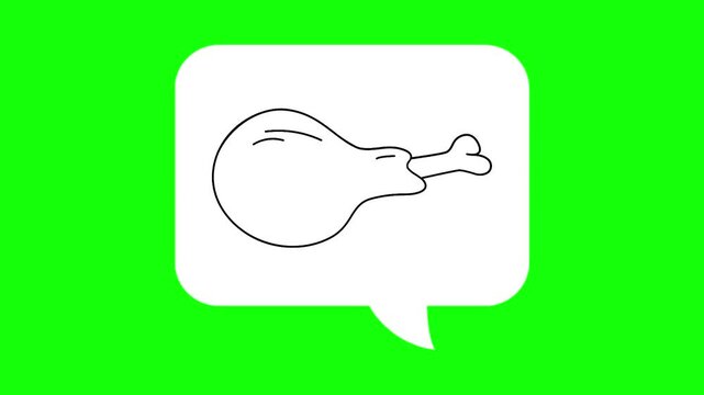 Raw meat slice drawing sketch in white dialogue box. Animated chat, conversation vector icon. beef idea, hand-drawn, fresh thought symbol. Popup animation green screen background template