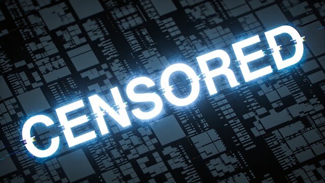 Censored glowing text with digital glitch effect on dark grid technology background design