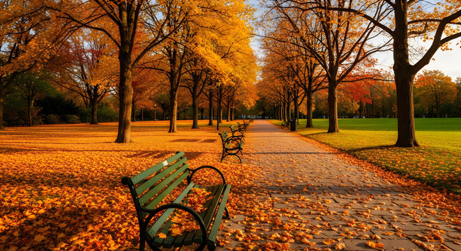 A park with trees and benches on a sunny autumn day