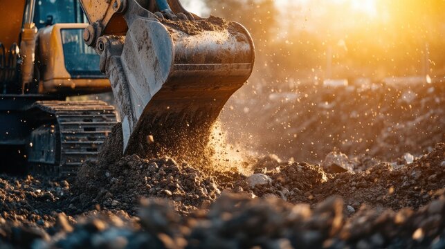 Excavator digging soil on a construction site close up