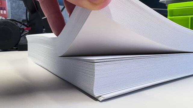 Close-up of a hand flipping through a thick stack of white paper on a desk, highlighting office work, documentation, printing, and everyday business routine in a clean workspace.