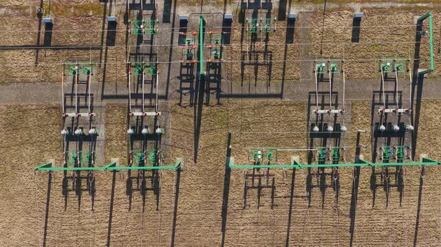Drone view of electrical substation with transformers and grid system.
Svitavy energy infrastructure captured from above.