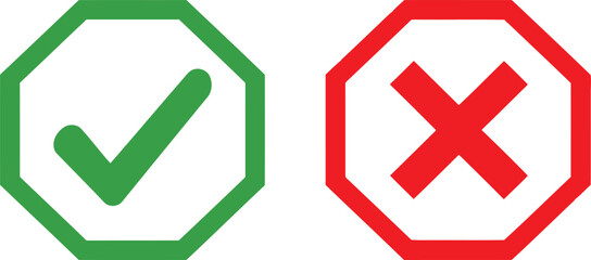 Green checkmark and red cross symbols within octagonal borders for approval and rejection Vector © JESMIN