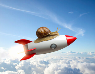Naklejka premium Whimsical and surreal concept of speed and ambition featuring a small snail riding on a fast-moving rocket representing personal growth breaking limits and unconventional success