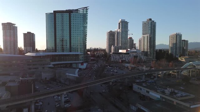 Central City Office And Shopping Complex In Surrey City Centre, British Columbia, Canada. Aerial Rotate Shot